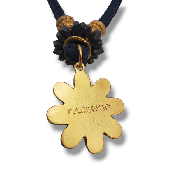 Pulcinno Black Corded Collar Necklace Matte Brushed Gold Tone Flower Pendant - Picture 6 of 11